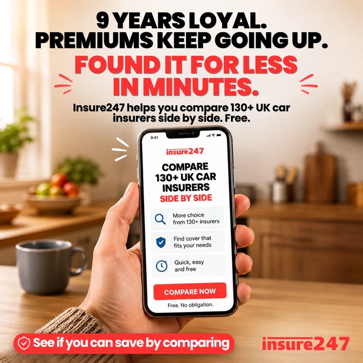 insure247 ad: 9 years loyal. Premiums keep going up. Found it for less in minutes.