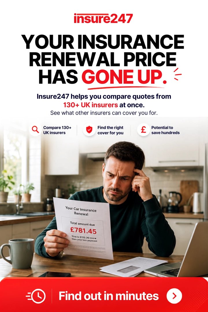 insure247 ad: Your insurance renewal price has gone up. Compare quotes from 130+ UK insurers at once.