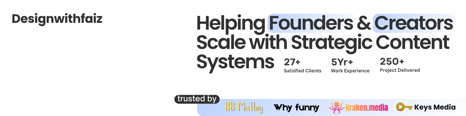 LinkedIn profile banner: Helping Founders & Creators Scale with Strategic Content Systems. 27+ satisfied clients, 5 years experience, 250+ projects delivered