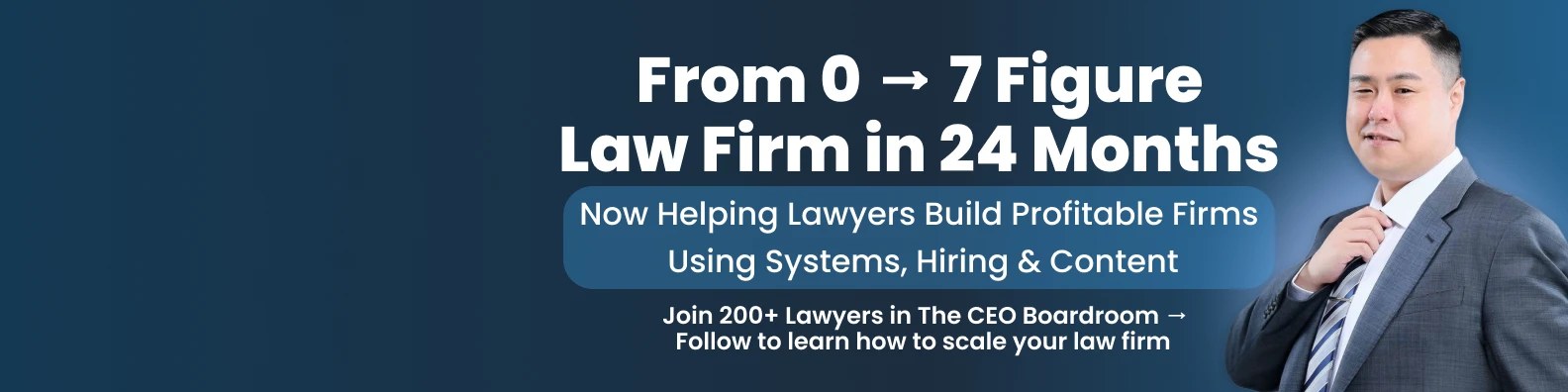 LinkedIn profile banner: From 0 to 7 Figure Law Firm in 24 Months. Now helping lawyers build profitable firms using systems, hiring and content